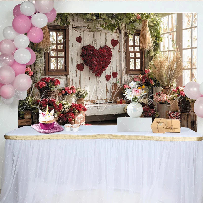 Lofaris Rustic Wooden Wall Valentine’s Day Backdrop with Red Roses Floral Heart and Window Decor Romantic Photo Background