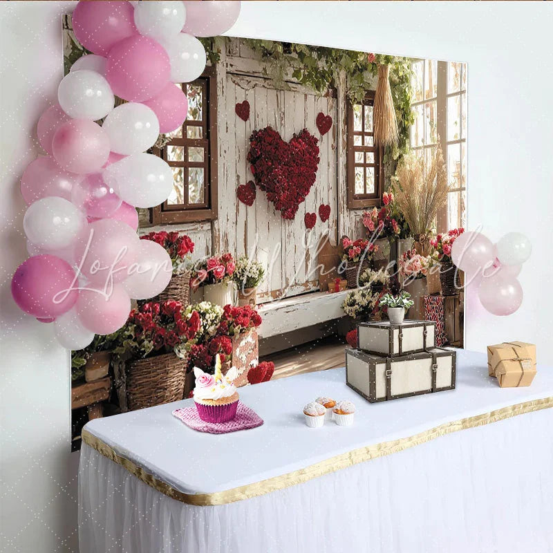 Lofaris Rustic Wooden Wall Valentine’s Day Backdrop with Red Roses Floral Heart and Window Decor Romantic Photo Background