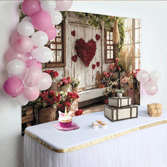 Lofaris Rustic Wooden Wall Valentine’s Day Backdrop with Red Roses Floral Heart and Window Decor Romantic Photo Background