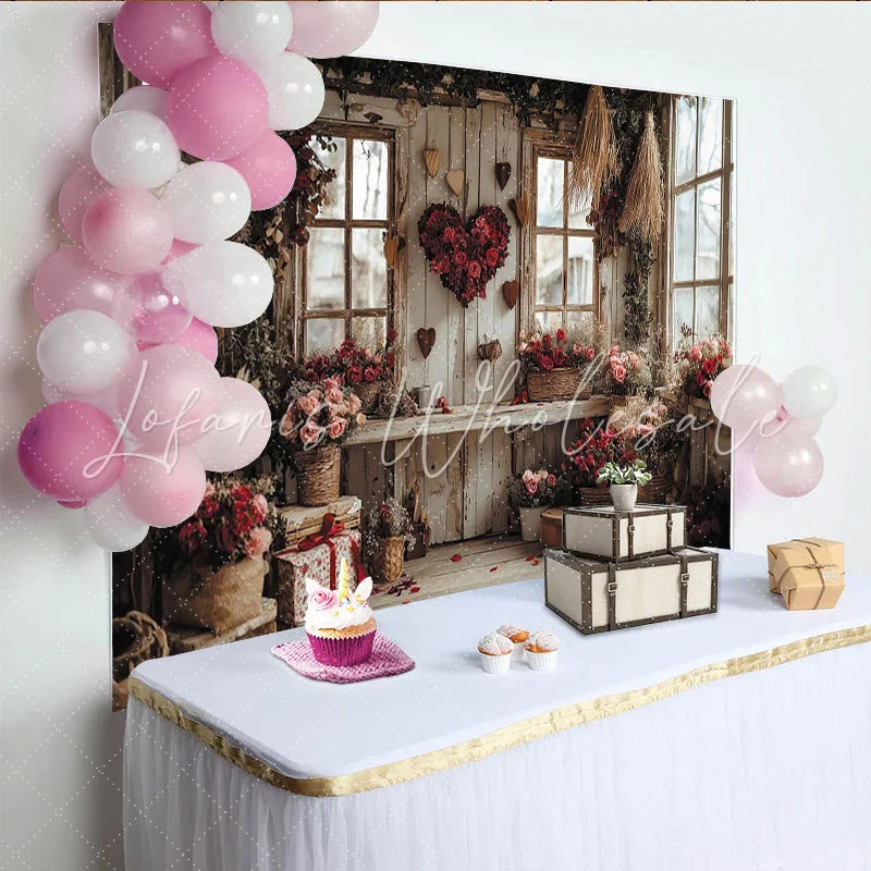 Lofaris Rustic Wooden Wall Valentines Day Backdrop with Red Rose Heart Pink Flowers and Vintage Windows