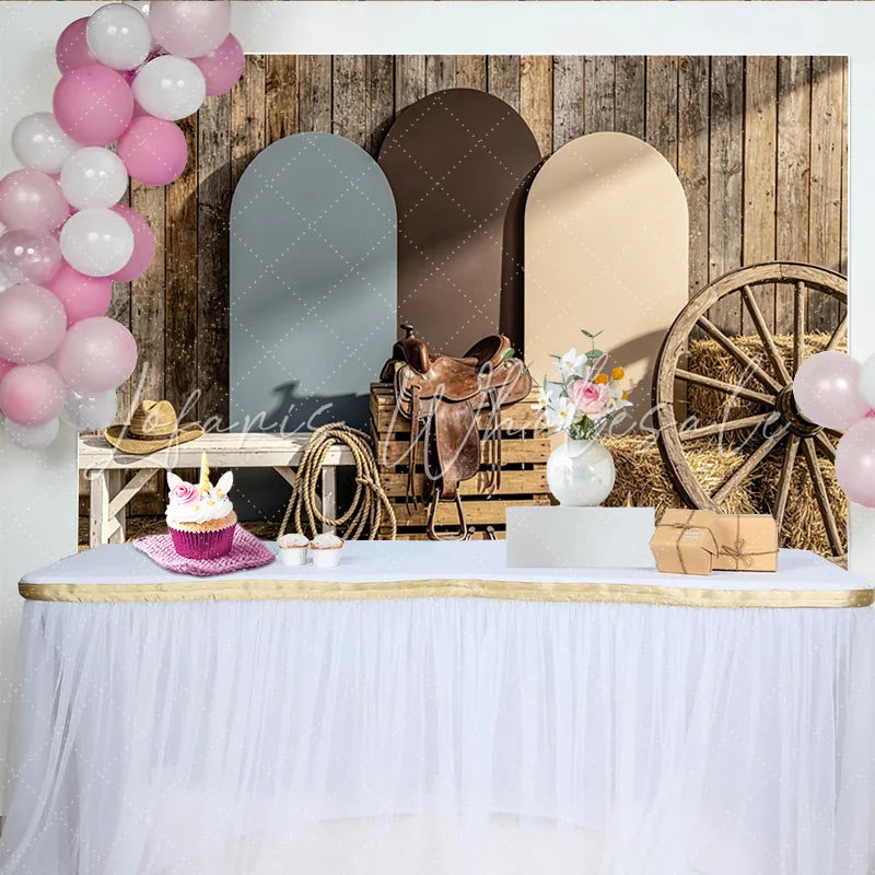 Lofaris Rustic Wooden Wall Western Photography Backdrop with Arched Panels and Wagon Wheel Country Farm Studio Background for Photoshoot