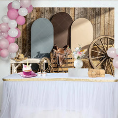 Lofaris Rustic Wooden Wall Western Photography Backdrop with Arched Panels and Wagon Wheel Country Farm Studio Background for Photoshoot