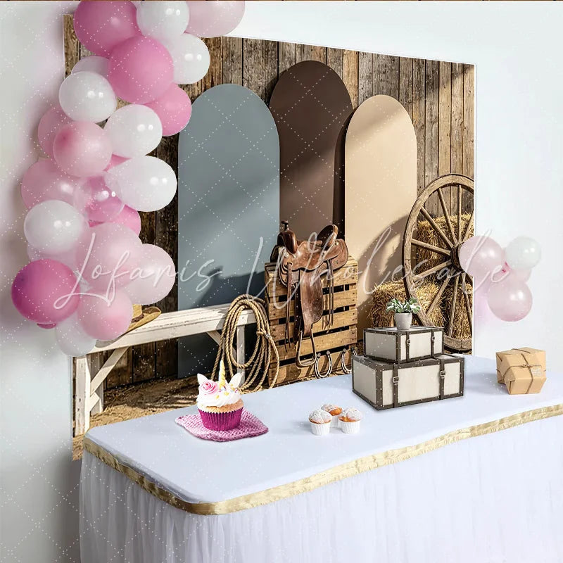 Lofaris Rustic Wooden Wall Western Photography Backdrop with Arched Panels and Wagon Wheel Country Farm Studio Background for Photoshoot