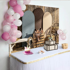 Lofaris Rustic Wooden Wall Western Photography Backdrop with Arched Panels and Wagon Wheel Country Farm Studio Background for Photoshoot