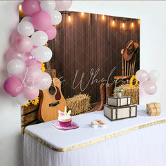 Lofaris Rustic Wooden Wall Western Photography Backdrop with String Lights and Guitar Country Farm Photo Background for Studio Portrait