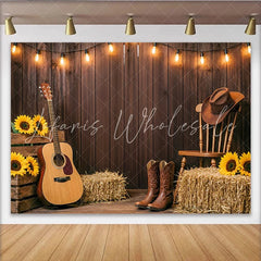 Lofaris Rustic Wooden Wall Western Photography Backdrop with String Lights and Guitar Country Farm Photo Background for Studio Portrait