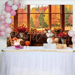Lofaris Rustic Wooden Window Autumn Backdrop with Pumpkins and Sunflowers Fall Foliage Background for Thanksgiving Decor