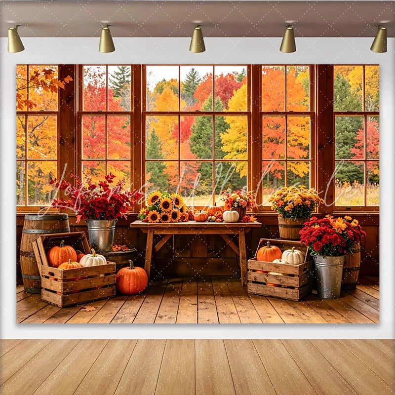 Lofaris Rustic Wooden Window Autumn Backdrop with Pumpkins and Sunflowers Fall Foliage Background for Thanksgiving Decor