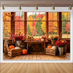 Lofaris Rustic Wooden Window Autumn Backdrop with Pumpkins and Sunflowers Fall Foliage Background for Thanksgiving Decor