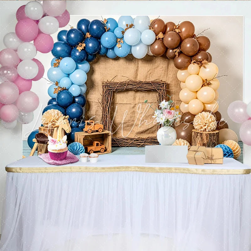 Lofaris Rustic Woodland Baby Shower Backdrop with Blue and Brown Balloons Charming Photography Background for Boy or Girl Party Decor