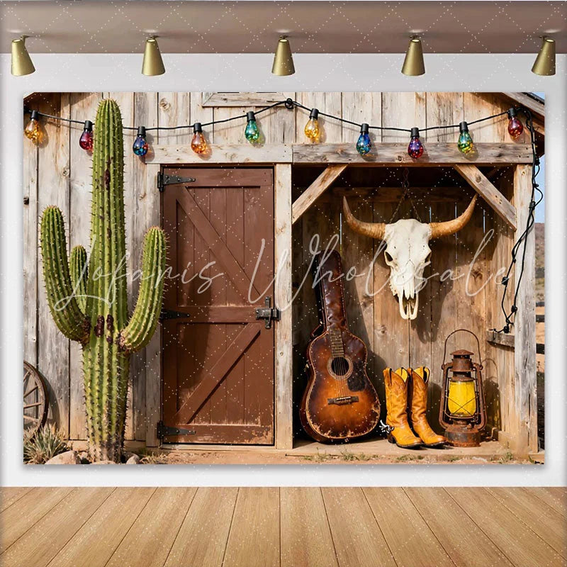 Lofaris Rustikal Western Kaktus Scheune Stierschädel Partyhintergrund mit Gitarre Cowboystiefel Laterne für Geburtstagsfeier