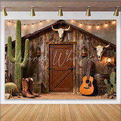 Lofaris Rustikale Holzscheunen-Kulisse im Western-Stil mit Kakteen Stierschädeln und Lichterkette für Cowboy-Partys