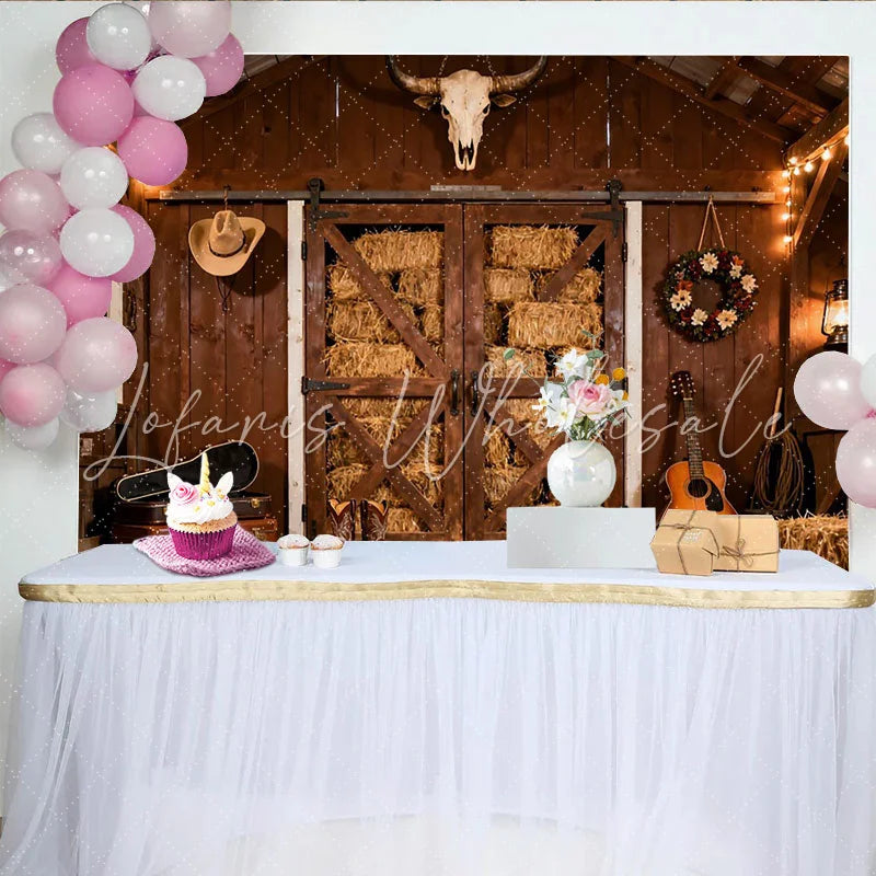 Lofaris Rustikale Scheune Holzwände Heuballen Partyhintergrund für Western Country Party mit Cowboyhut Stiefel und Gitarre