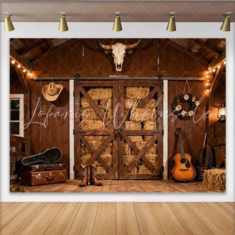 Lofaris Rustikale Scheune Holzwände Heuballen Partyhintergrund für Western Country Party mit Cowboyhut Stiefel und Gitarre