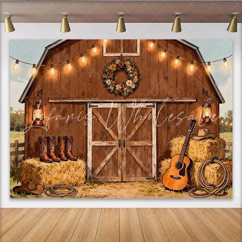 Lofaris Rustikaler Scheunen-Partyhintergrund Country-Western-Dekoration mit Lichterketten und Heuballen