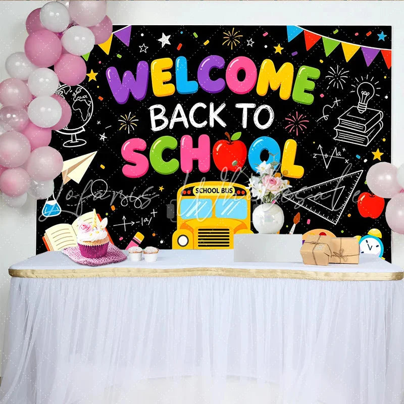 Lofaris’s Colorful Welcome Back to School Backdrop with School Bus and Books Educational Party Decor for Classroom and Photoshoot