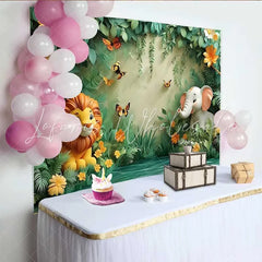 Lofaris Safari Animal Jungle Forest Backdrop Cute Lion and Elephant Banner for Birthday Cake Smash