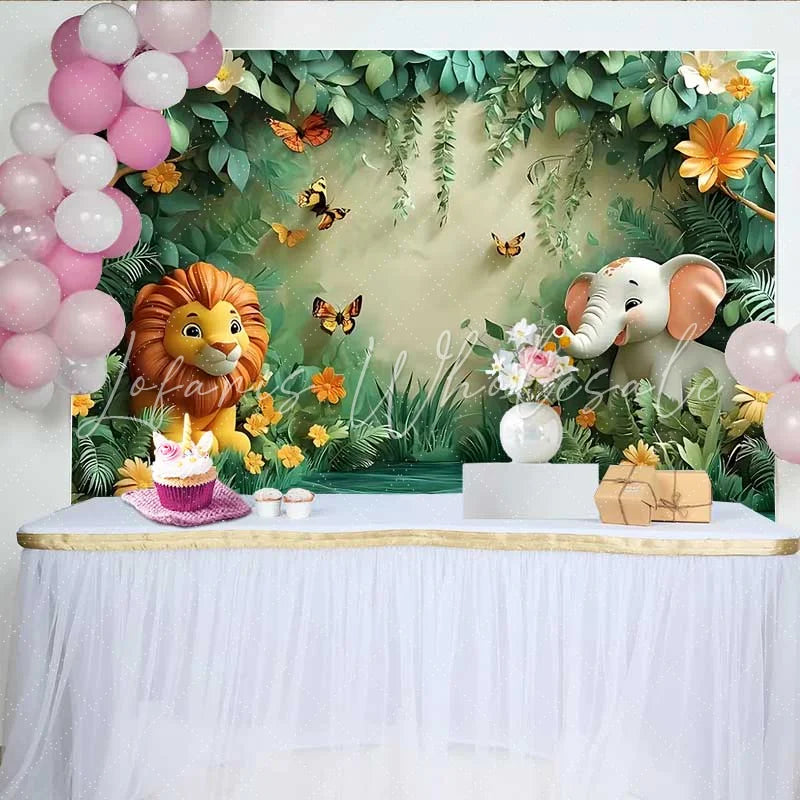 Lofaris Safari Animal Jungle Forest Backdrop Cute Lion and Elephant Banner for Birthday Cake Smash