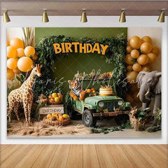 Lofaris Safari Jeep Adventure Birthday Backdrop Jungle Animal and Balloon Party Banner for Boy