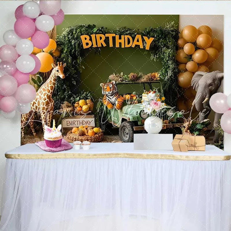 Lofaris Safari Jeep Adventure Birthday Backdrop Jungle Animal and Balloon Party Banner for Boy