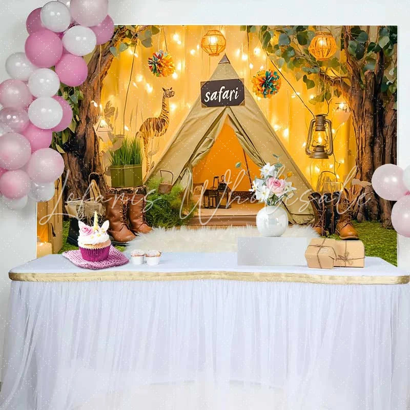 Lofaris Safari Tent and Trees Birthday Cake Smash Backdrop with Giraffe String Lights Wild One Adventure Party Decor