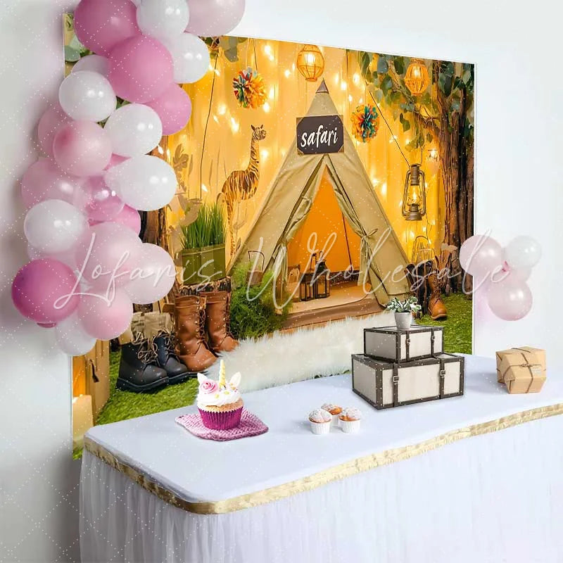 Lofaris Safari Tent and Trees Birthday Cake Smash Backdrop with Giraffe String Lights Wild One Adventure Party Decor