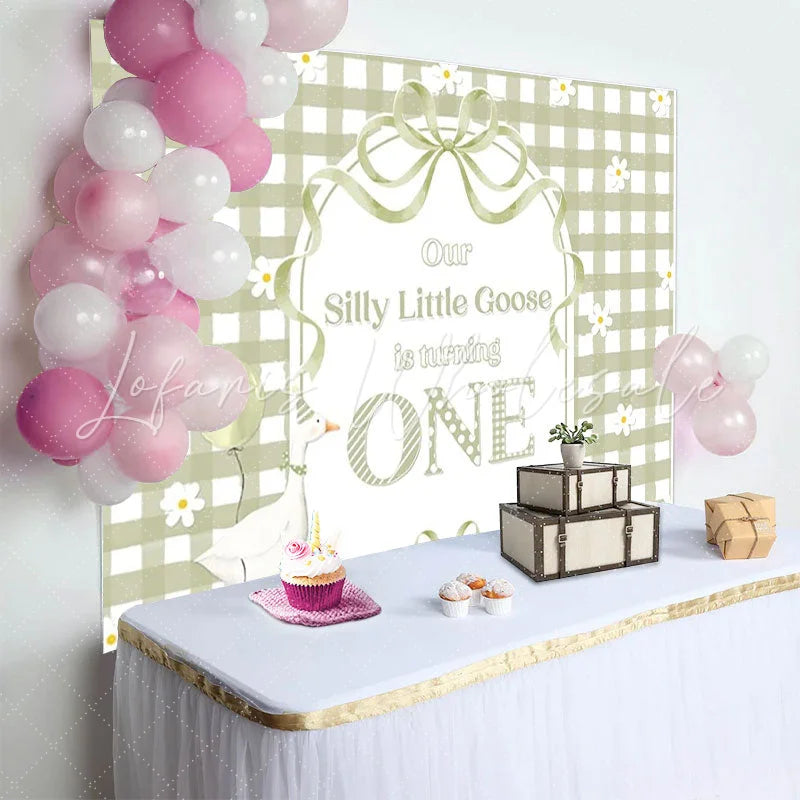 Lofaris Sage Green Gingham Silly Little Goose First Birthday Backdrop Whimsical Baby One Year Party Decor