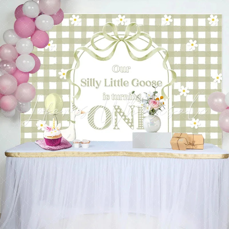 Lofaris Sage Green Gingham Silly Little Goose First Birthday Backdrop Whimsical Baby One Year Party Decor