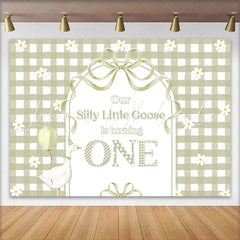 Lofaris Sage Green Gingham Silly Little Goose First Birthday Backdrop Whimsical Baby One Year Party Decor