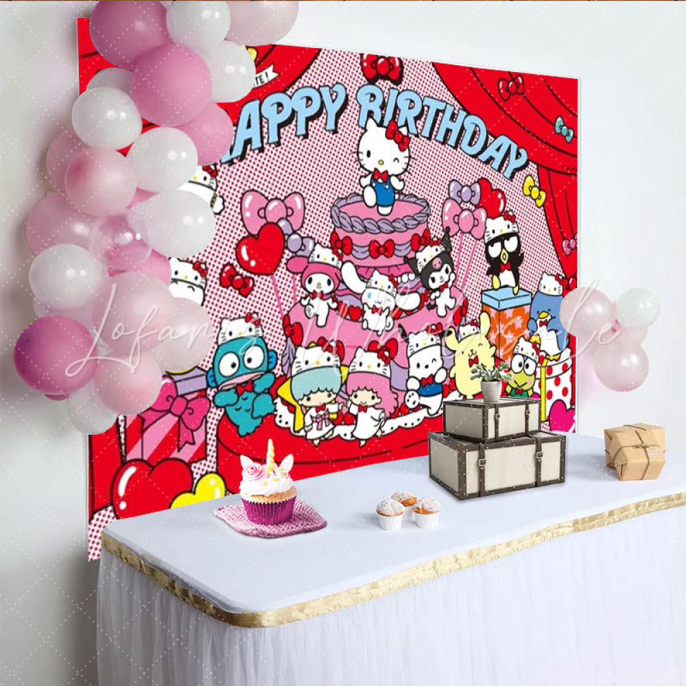 Lofaris Sanrio All-Stars Happy Birthday Backdrop Hello Kitty and Friends Comic Style Red Cartoon Party Photo Booth