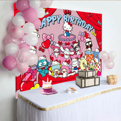 Lofaris Sanrio All-Stars Happy Birthday Backdrop Hello Kitty and Friends Comic Style Red Cartoon Party Photo Booth