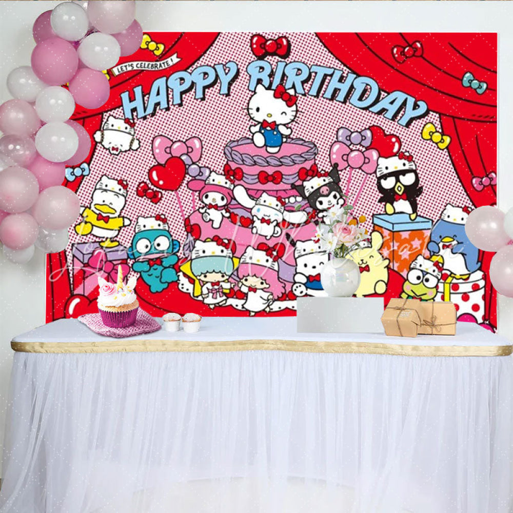 Lofaris Sanrio All-Stars Happy Birthday Backdrop Hello Kitty and Friends Comic Style Red Cartoon Party Photo Booth