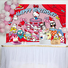 Lofaris Sanrio All-Stars Happy Birthday Backdrop Hello Kitty and Friends Comic Style Red Cartoon Party Photo Booth