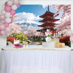 Lofaris Scenic Japanese Landscape Photography Backdrop with Red Pagoda and Cherry Blossoms Beautiful Studio Background for Spring Photoshoot