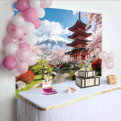 Lofaris Scenic Japanese Landscape Photography Backdrop with Red Pagoda and Cherry Blossoms Beautiful Studio Background for Spring Photoshoot