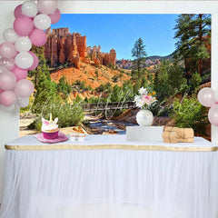 Lofaris Scenic Red Rock Canyon Natural Scenery Backdrop with Pine Trees Vibrant Landscape Photography Background for Studio