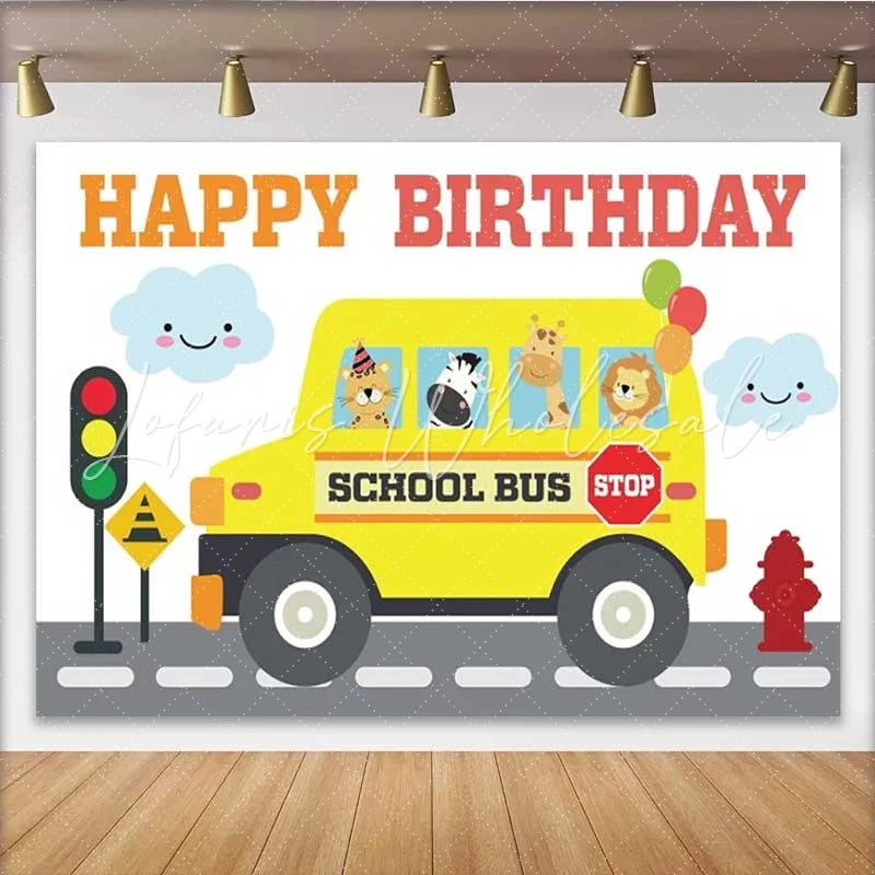 Lofaris School Bus Animals Birthday Backdrop Safari Friends and Traffic Light Party Background for Kids