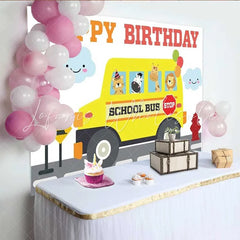 Lofaris School Bus Animals Birthday Backdrop Safari Friends and Traffic Light Party Background for Kids