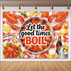 Lofaris Seafood Boil Holiday Backdrop with Crawfish and Red Checkered Tablecloth Festive Party Decor for Summer Gathering