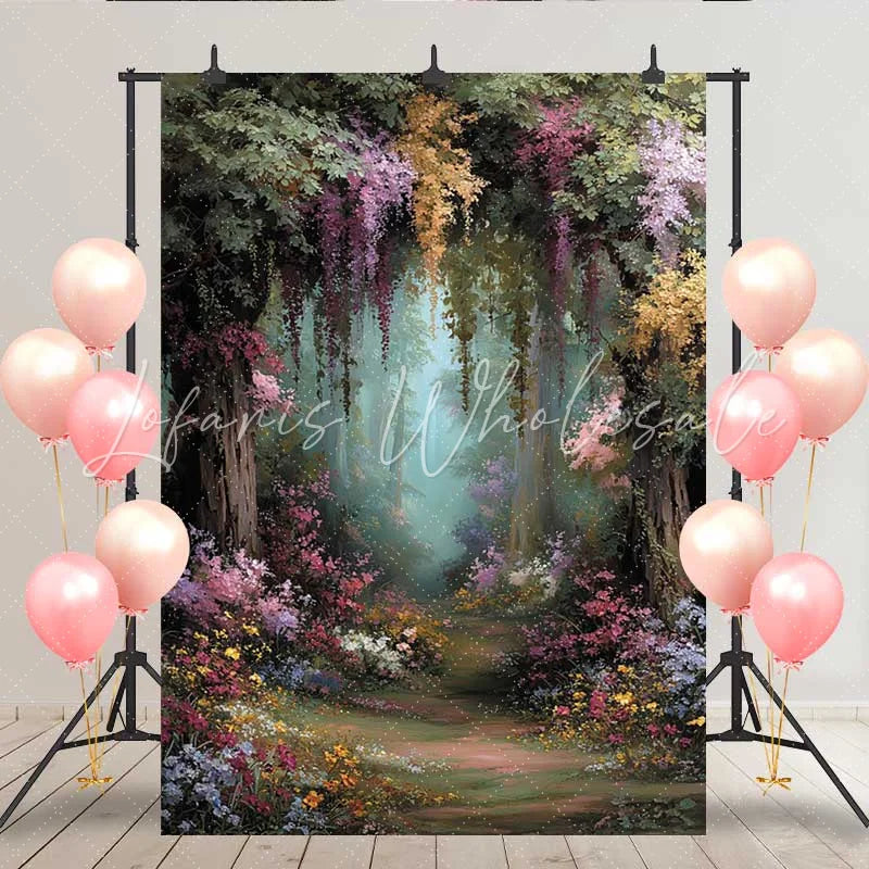 Lofaris Secret Forest Garden Backdrop Hanging Floral Vine and Colorful Flower Path for Spring