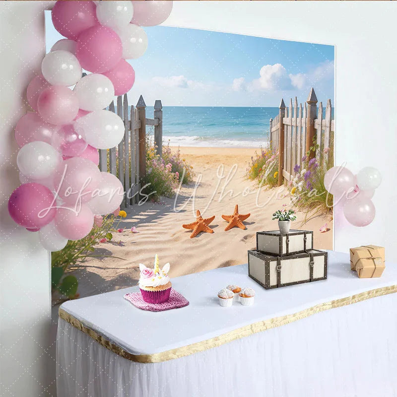 Lofaris Serene Beach Photography Backdrop with Ocean and Wooden Fence Summer Coastal Background for Photoshoot and Decor