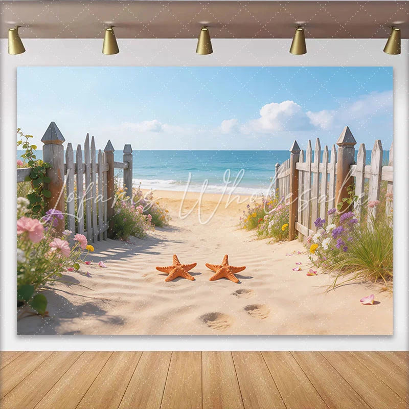 Lofaris Serene Beach Photography Backdrop with Ocean and Wooden Fence Summer Coastal Background for Photoshoot and Decor
