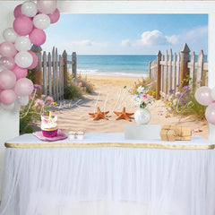 Lofaris Serene Beach Photography Backdrop with Ocean and Wooden Fence Summer Coastal Background for Photoshoot and Decor