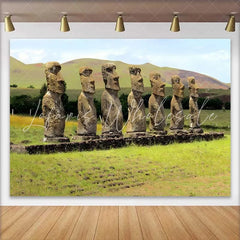 Lofaris Seven Moai Statues Green Meadow Landscape Backdrop Easter Island Historic Site Event Photography Background