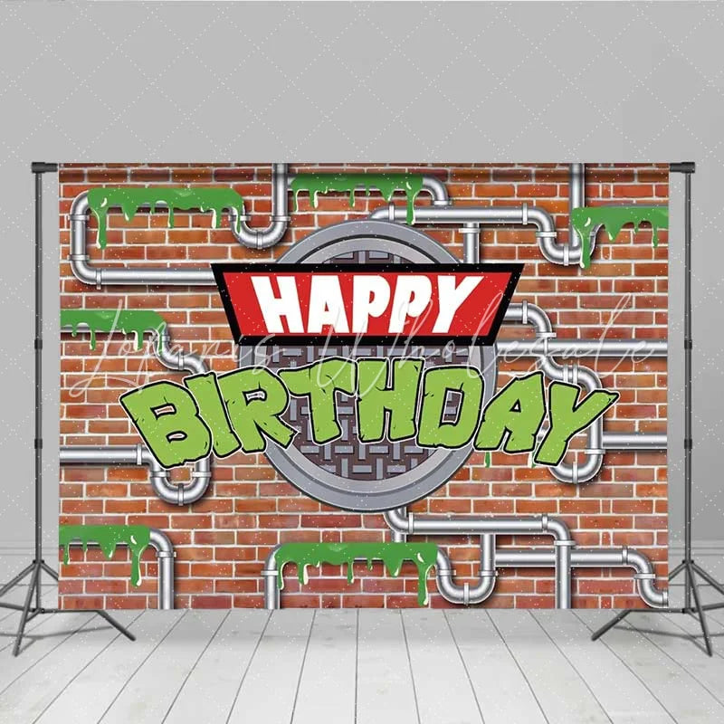 Lofaris Sewer Pipes Birthday Backdrop Brick Wall and Green Slime Party Background for Boys Birthday