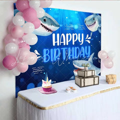 Lofaris Shark Happy Birthday Backdrop Blue Ocean Animals Under the Sea Photography Background Boy Birthday Party Decoration Prop