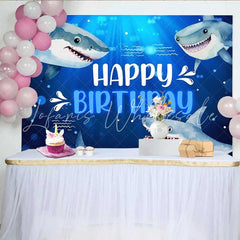 Lofaris Shark Happy Birthday Backdrop Blue Ocean Animals Under the Sea Photography Background Boy Birthday Party Decoration Prop