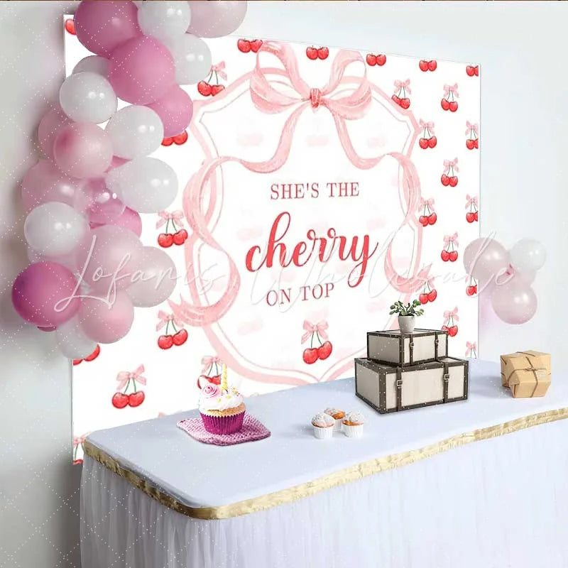 Lofaris She is The Cherry on Top Backdrop Sweet Pink Bow Red Fruit Photography Background Summer Girl Birthday Party Decoration