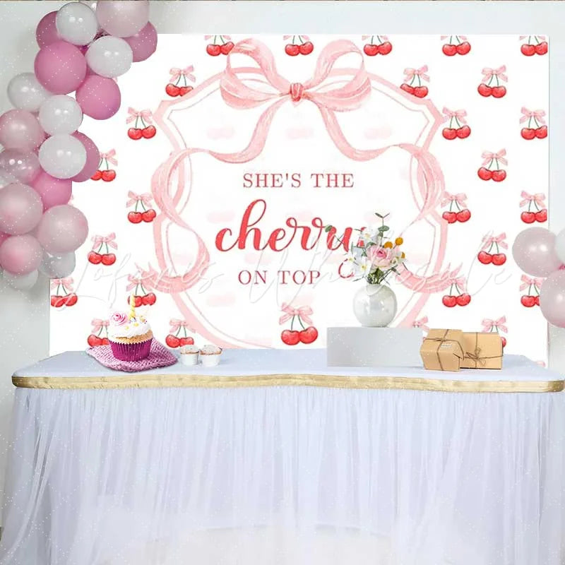 Lofaris She is The Cherry on Top Backdrop Sweet Pink Bow Red Fruit Photography Background Summer Girl Birthday Party Decoration