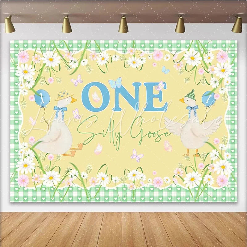 Lofaris Silly Goose First Birthday Backdrop with Cartoon Geese and Daisies Cute Animal Party Background for Baby Photography